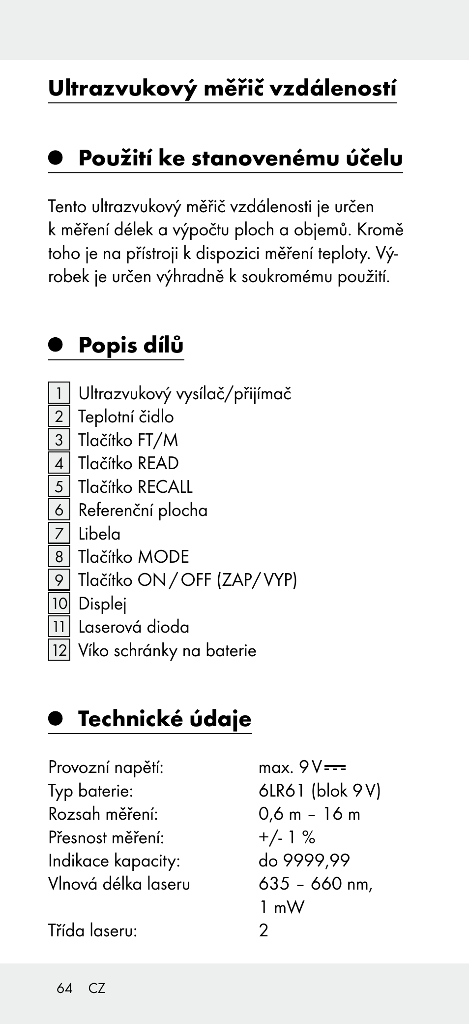 Ultrazvukový měřič vzdáleností, Použití ke stanovenému účelu, Popis dílů | Technické údaje | Powerfix Z31697A User Manual | Page 64 / 105