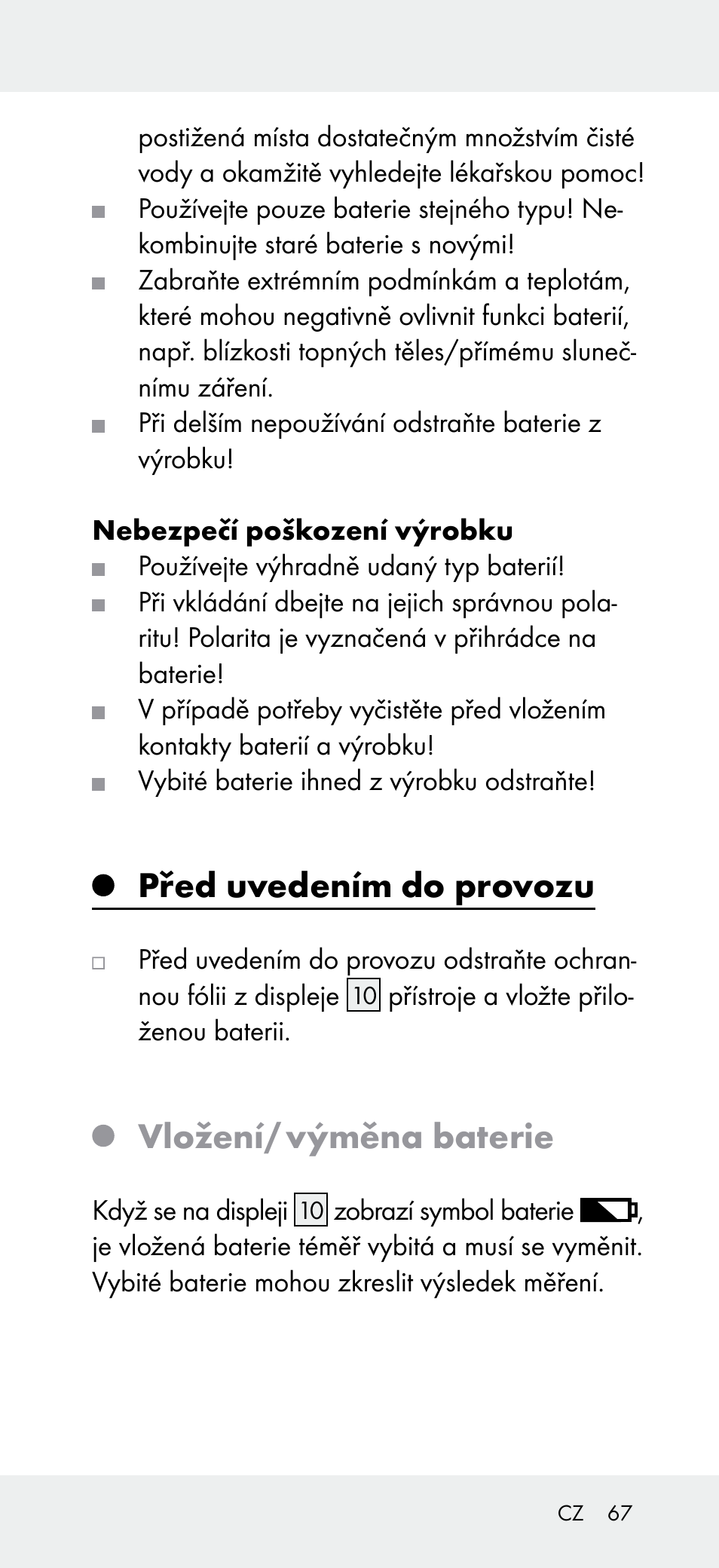 Před uvedením do provozu, Vložení/ výměna baterie | Powerfix Z31697A User Manual | Page 67 / 105