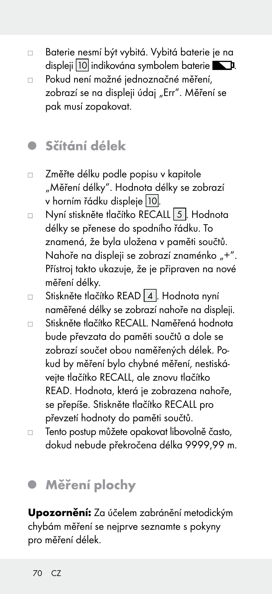 Sčítání délek, Měření plochy | Powerfix Z31697A User Manual | Page 70 / 105