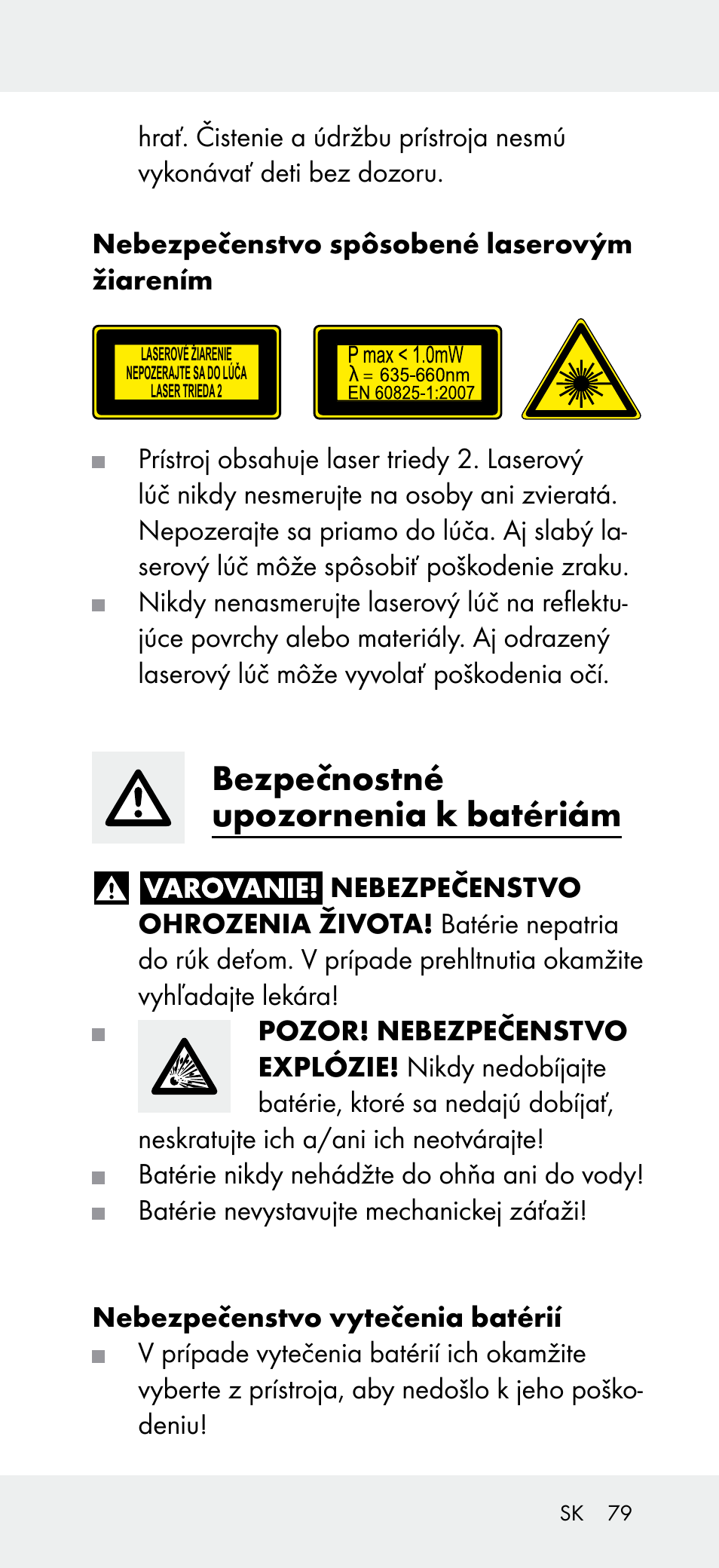 Bezpečnostné upozornenia k batériám | Powerfix Z31697A User Manual | Page 79 / 105