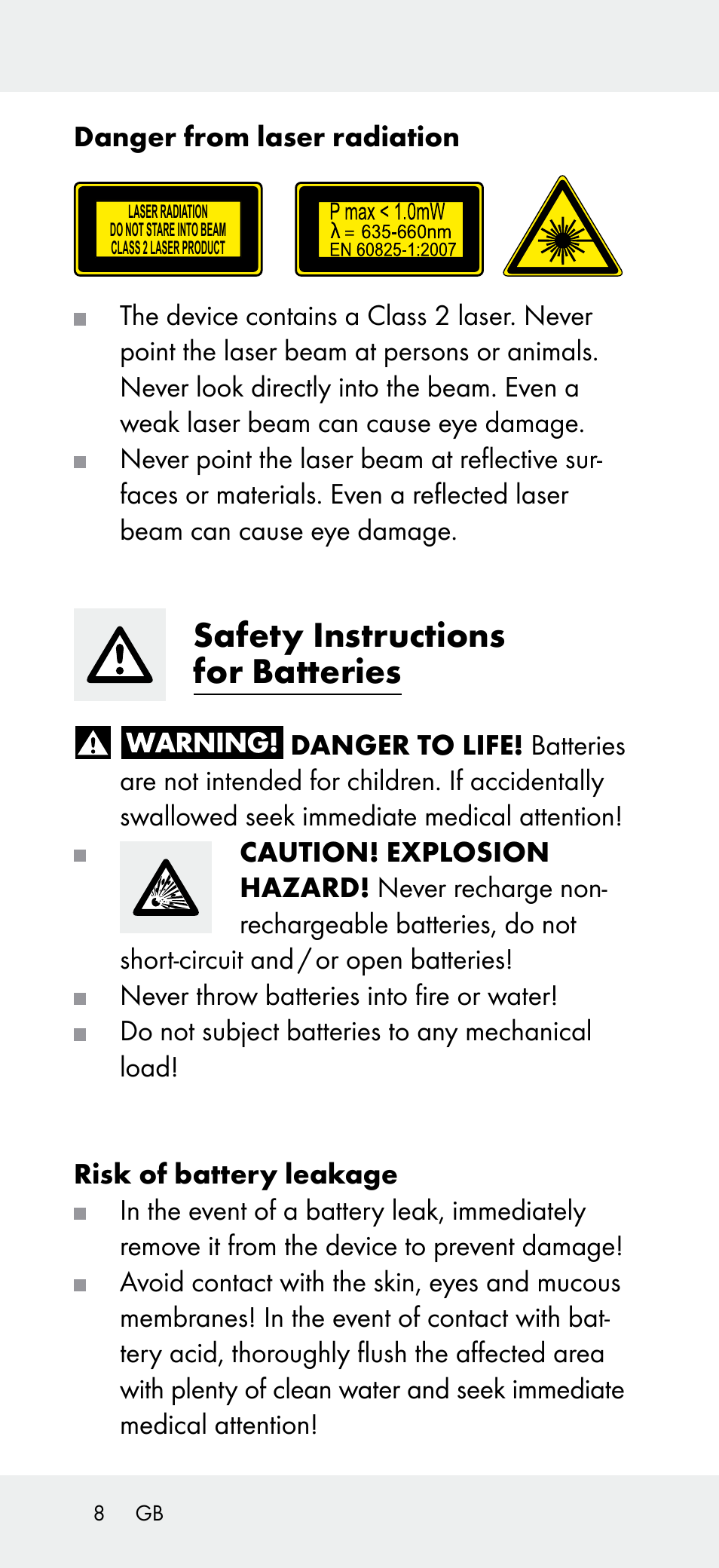 Safety instructions for batteries | Powerfix Z31697A User Manual | Page 8 / 105