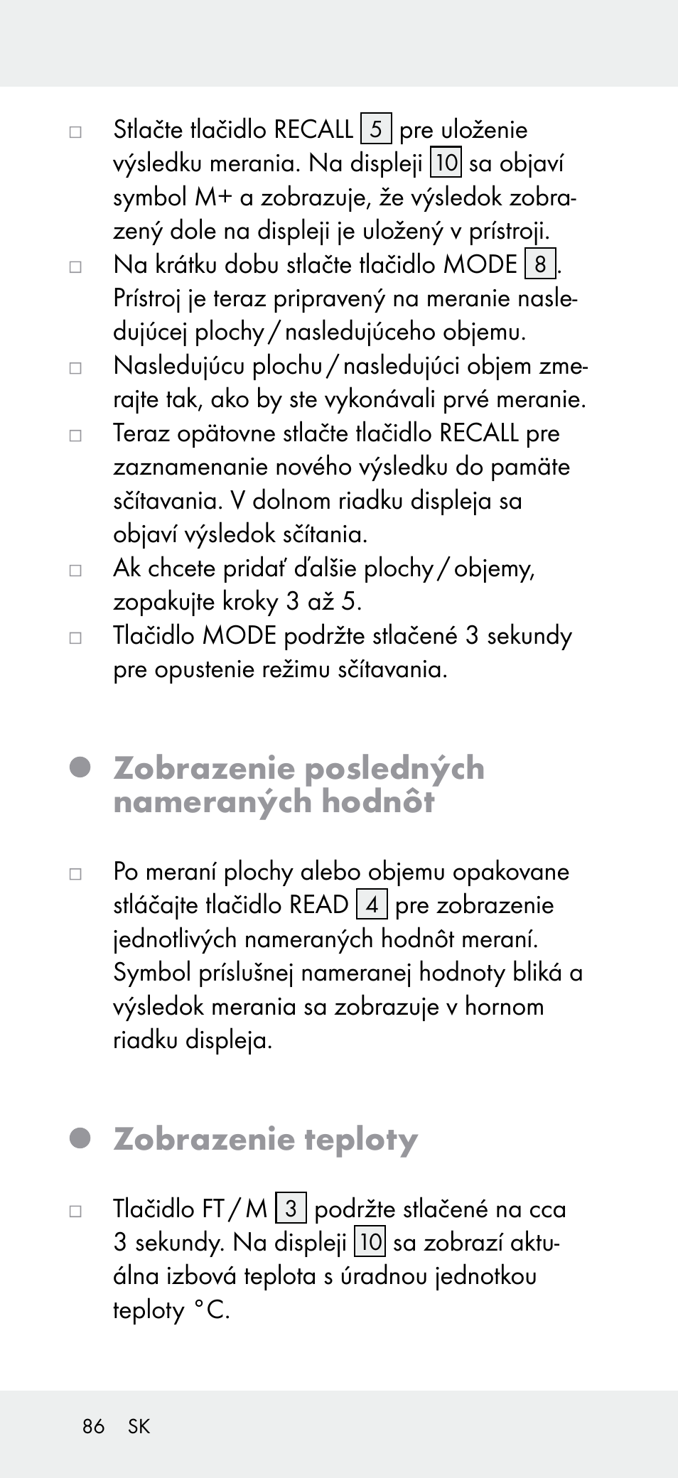 Zobrazenie posledných nameraných hodnôt, Zobrazenie teploty | Powerfix Z31697A User Manual | Page 86 / 105