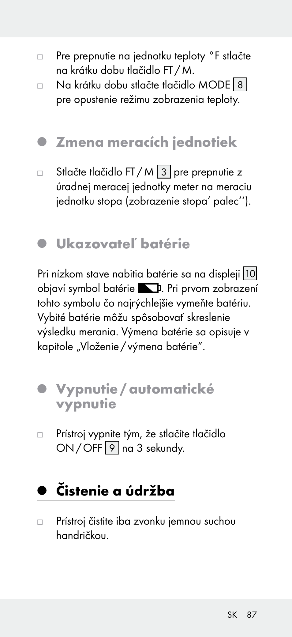 Zmena meracích jednotiek, Ukazovateľ batérie, Vypnutie / automatické vypnutie | Čistenie a údržba | Powerfix Z31697A User Manual | Page 87 / 105