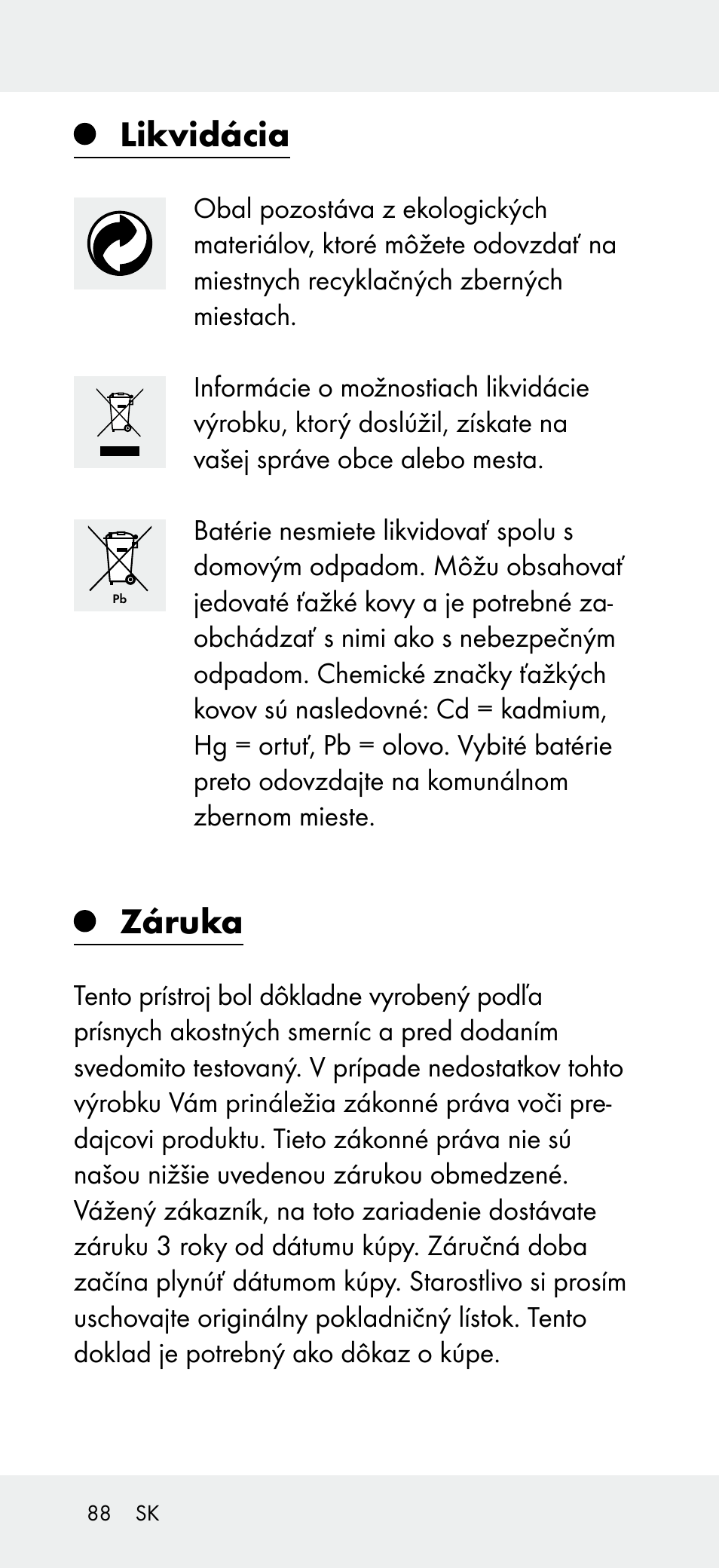 Likvidácia, Záruka | Powerfix Z31697A User Manual | Page 88 / 105