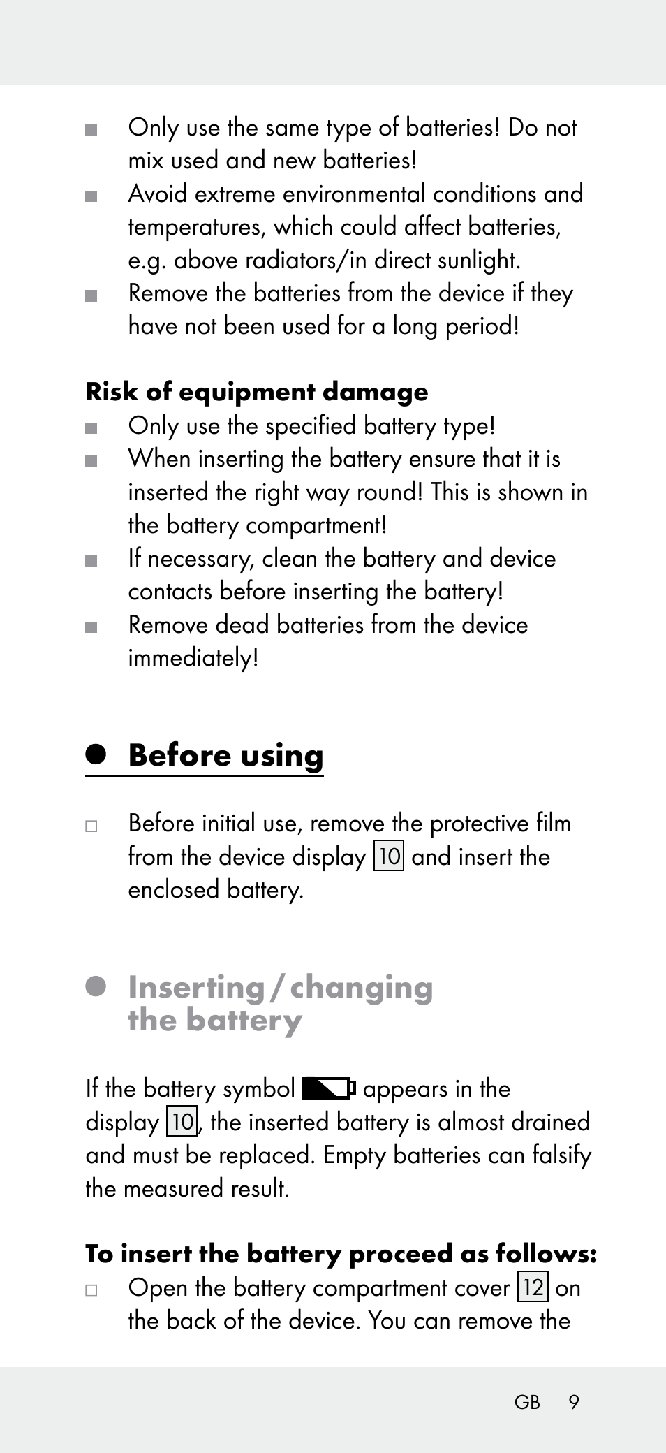 Before using, Inserting / changing the battery | Powerfix Z31697A User Manual | Page 9 / 105