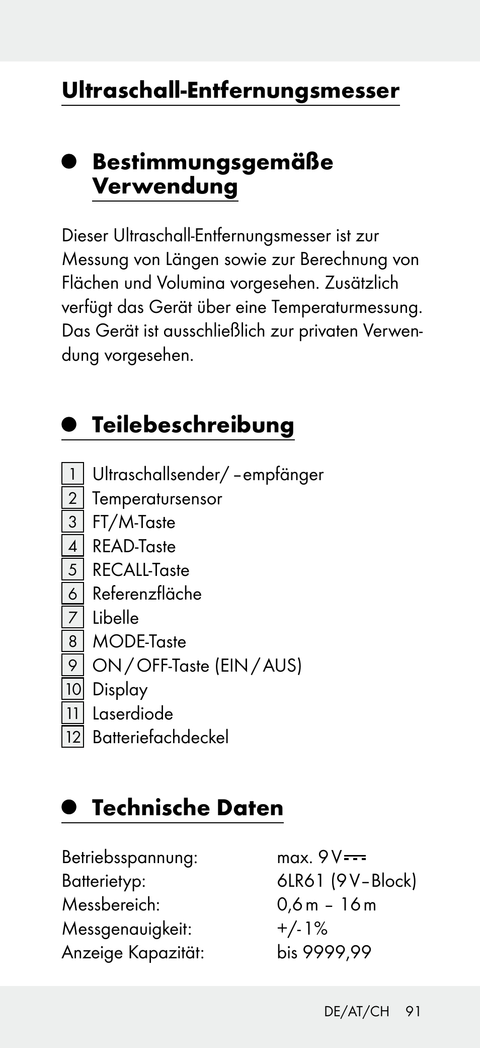 Ultraschall-entfernungsmesser, Bestimmungsgemäße verwendung, Teilebeschreibung | Technische daten | Powerfix Z31697A User Manual | Page 91 / 105