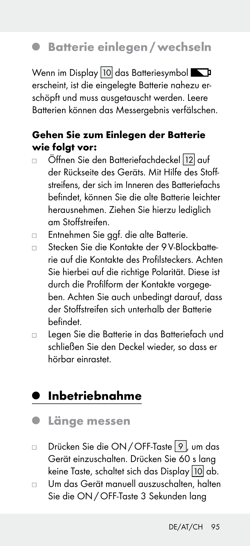 Batterie einlegen / wechseln, Inbetriebnahme, Länge messen | Powerfix Z31697A User Manual | Page 95 / 105