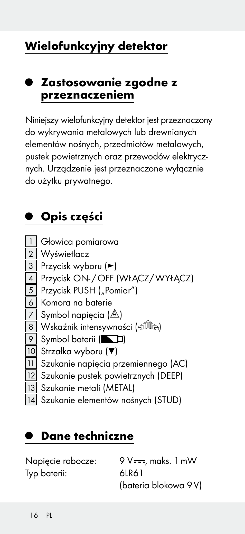Wielofunkcyjny detektor, Zastosowanie zgodne z przeznaczeniem, Opis części | Dane techniczne | Powerfix Z31697B User Manual | Page 16 / 77
