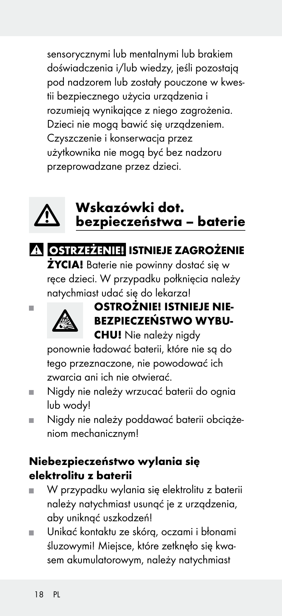 Wskazówki dot. bezpieczeństwa – baterie | Powerfix Z31697B User Manual | Page 18 / 77