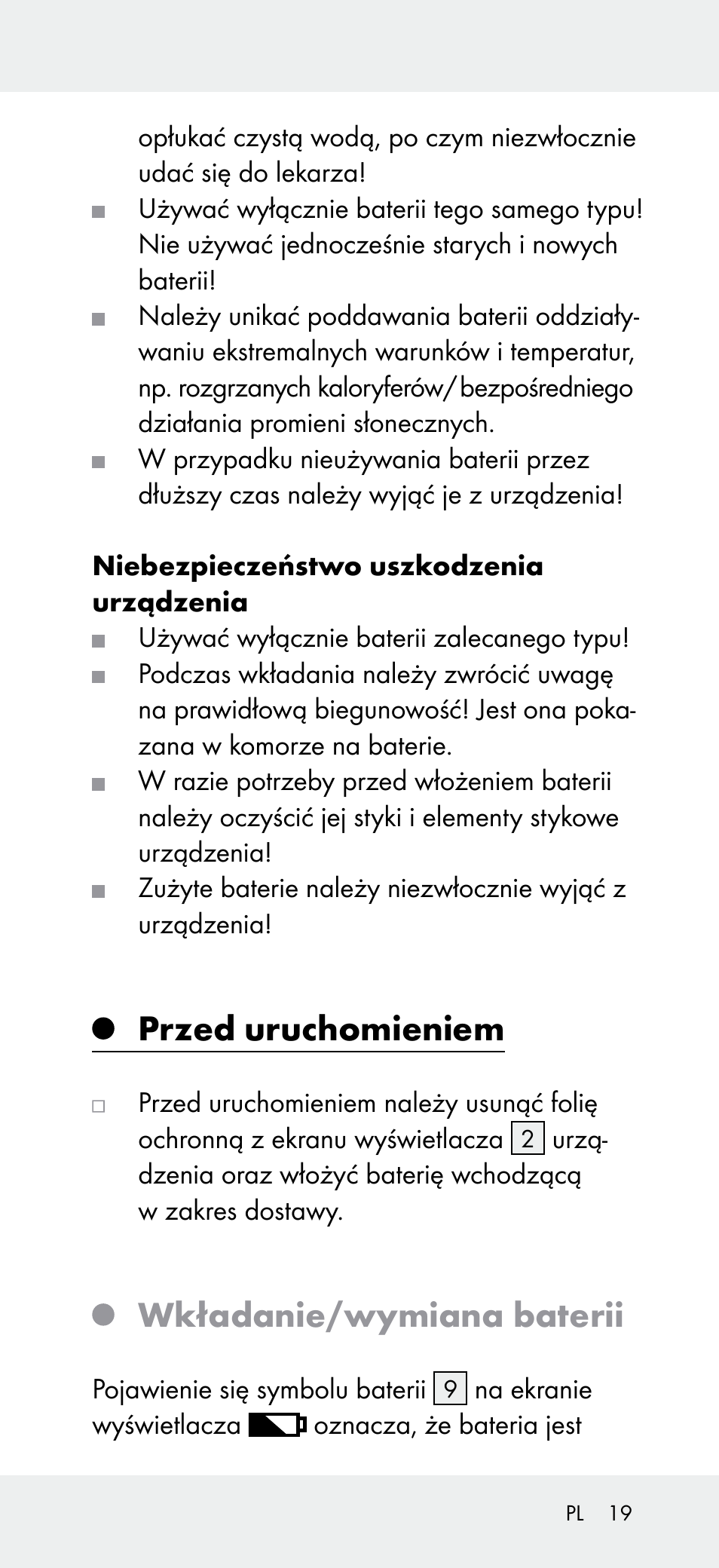 Przed uruchomieniem, Wkładanie/wymiana baterii | Powerfix Z31697B User Manual | Page 19 / 77