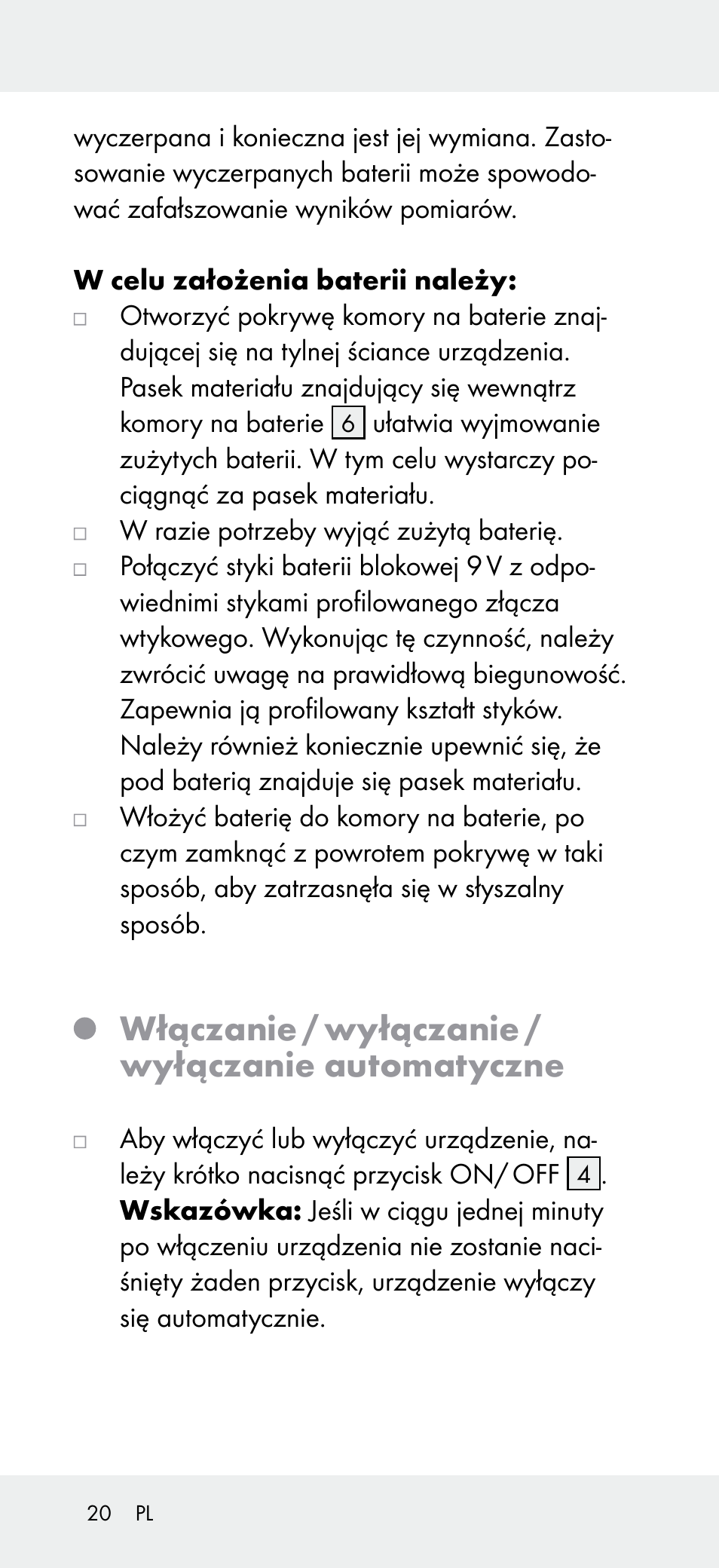 Włączanie / wyłączanie / wyłączanie automatyczne | Powerfix Z31697B User Manual | Page 20 / 77