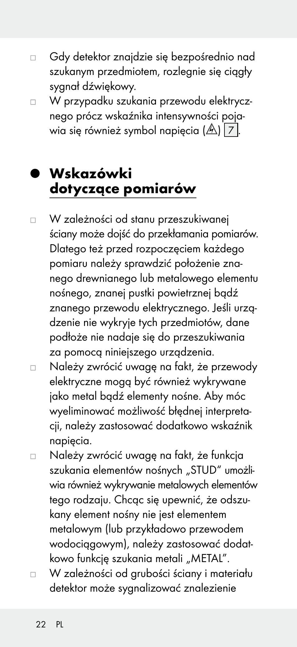 Wskazówki dotyczące pomiarów | Powerfix Z31697B User Manual | Page 22 / 77