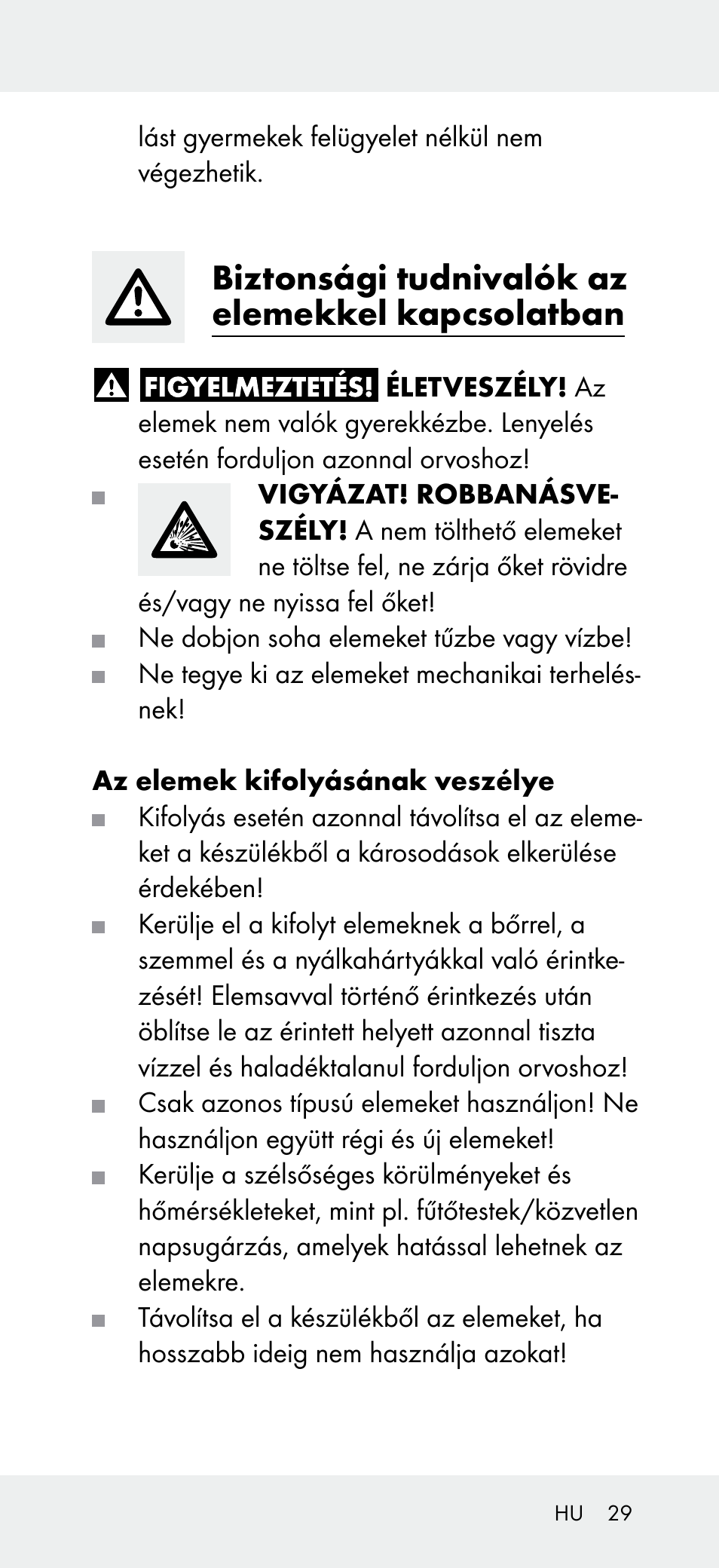 Biztonsági tudnivalók az elemekkel kapcsolatban | Powerfix Z31697B User Manual | Page 29 / 77