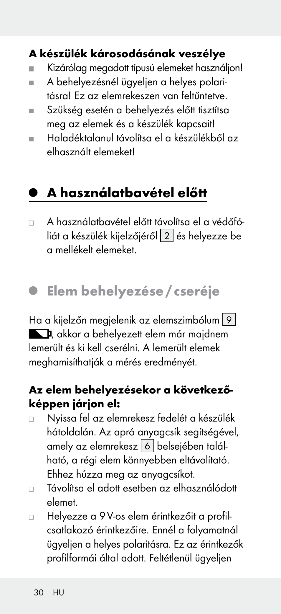 A használatbavétel előtt, Elem behelyezése / cseréje | Powerfix Z31697B User Manual | Page 30 / 77
