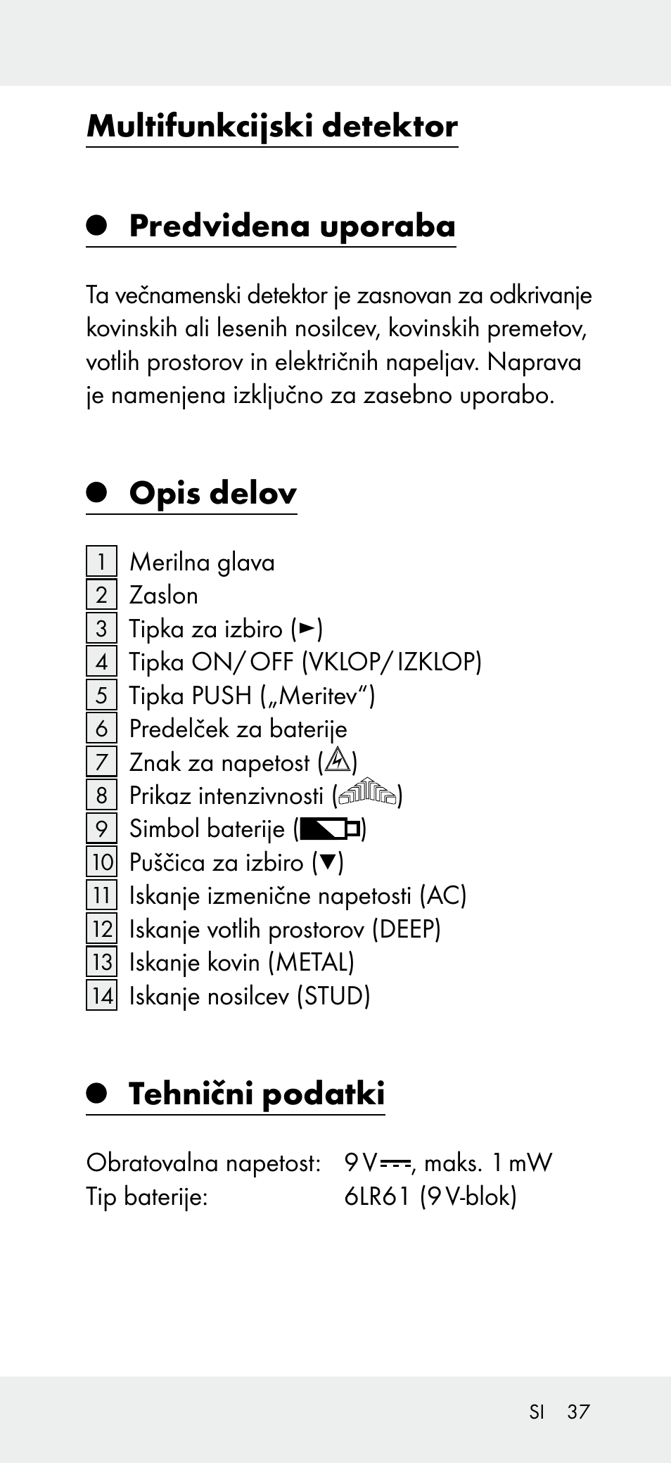 Multifunkcijski detektor, Predvidena uporaba, Opis delov | Tehnični podatki | Powerfix Z31697B User Manual | Page 37 / 77