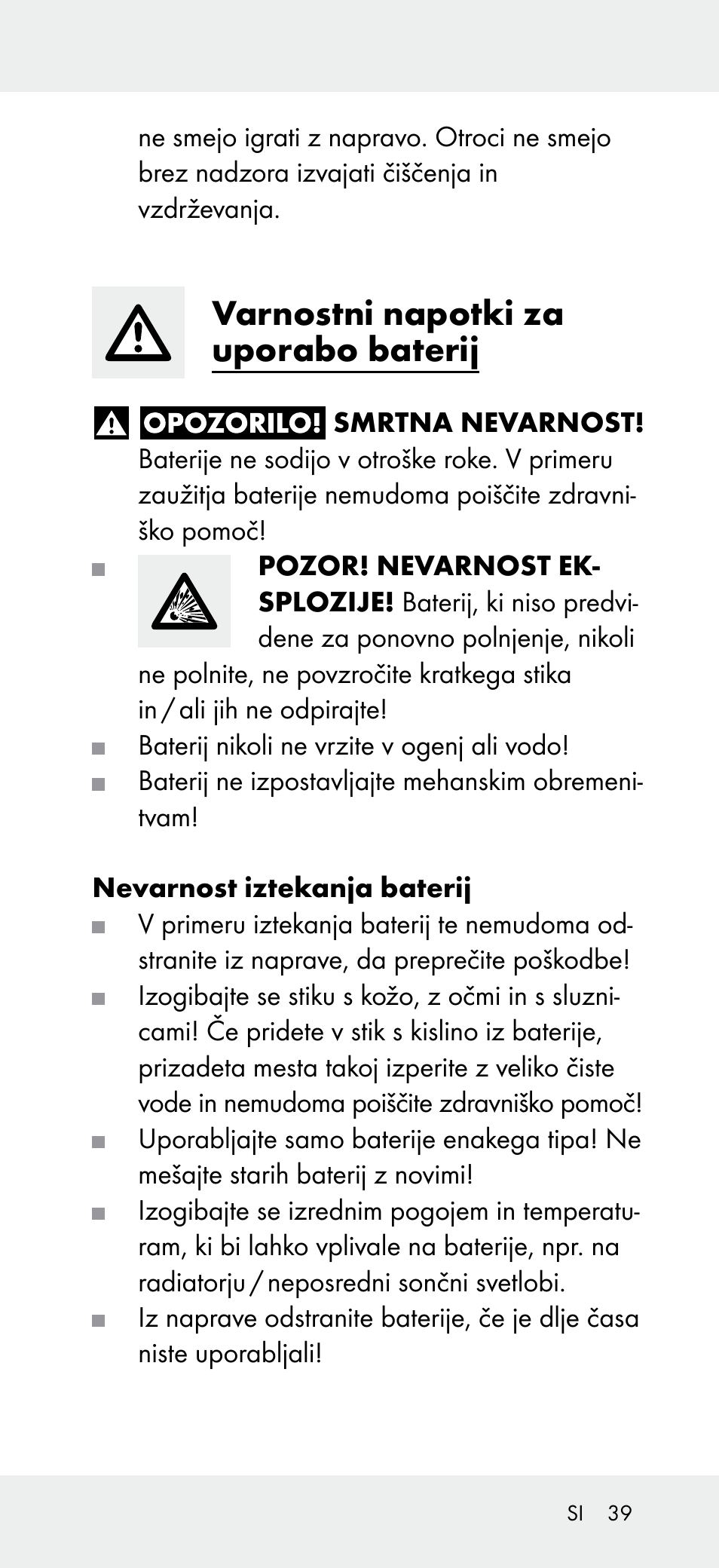 Varnostni napotki za uporabo baterij | Powerfix Z31697B User Manual | Page 39 / 77