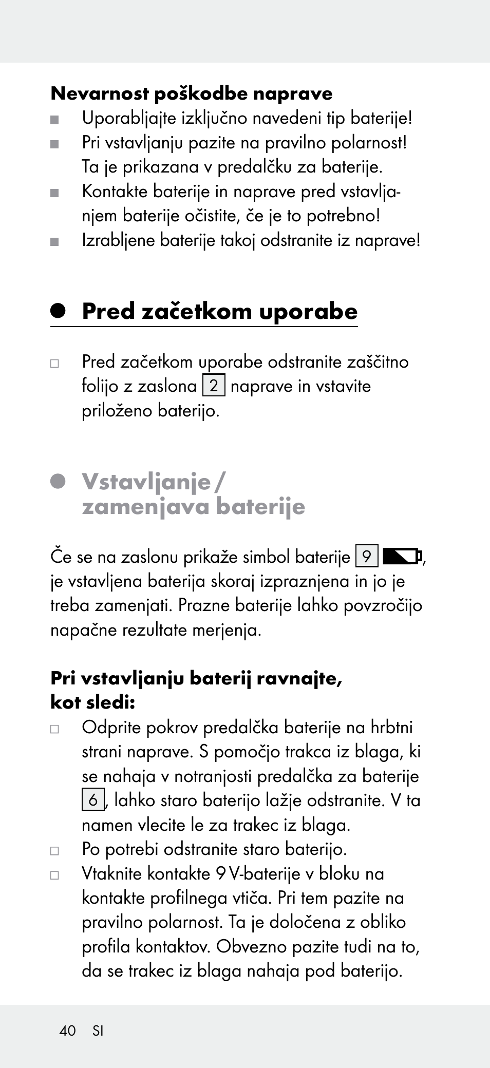 Pred začetkom uporabe, Vstavljanje / zamenjava baterije | Powerfix Z31697B User Manual | Page 40 / 77