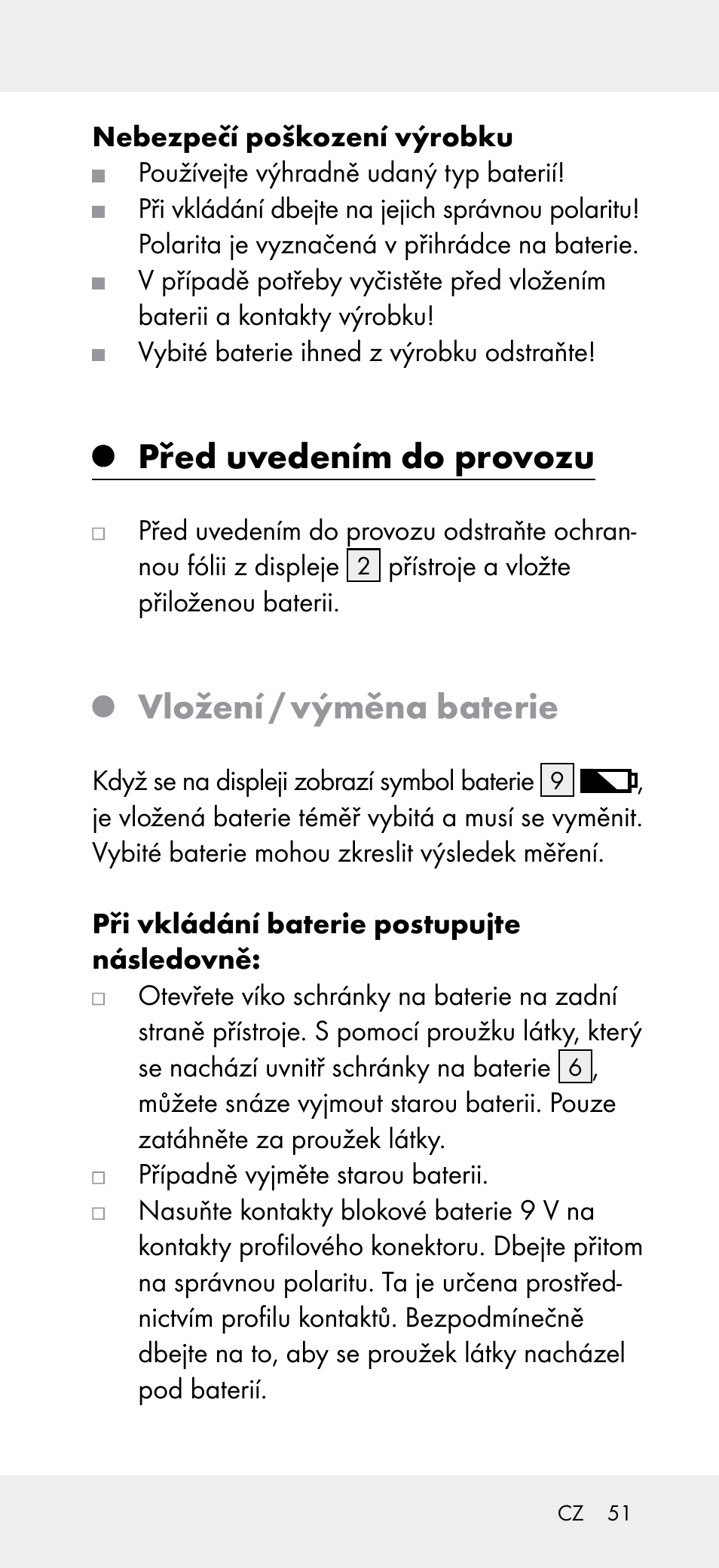 Před uvedením do provozu, Vložení / výměna baterie | Powerfix Z31697B User Manual | Page 51 / 77