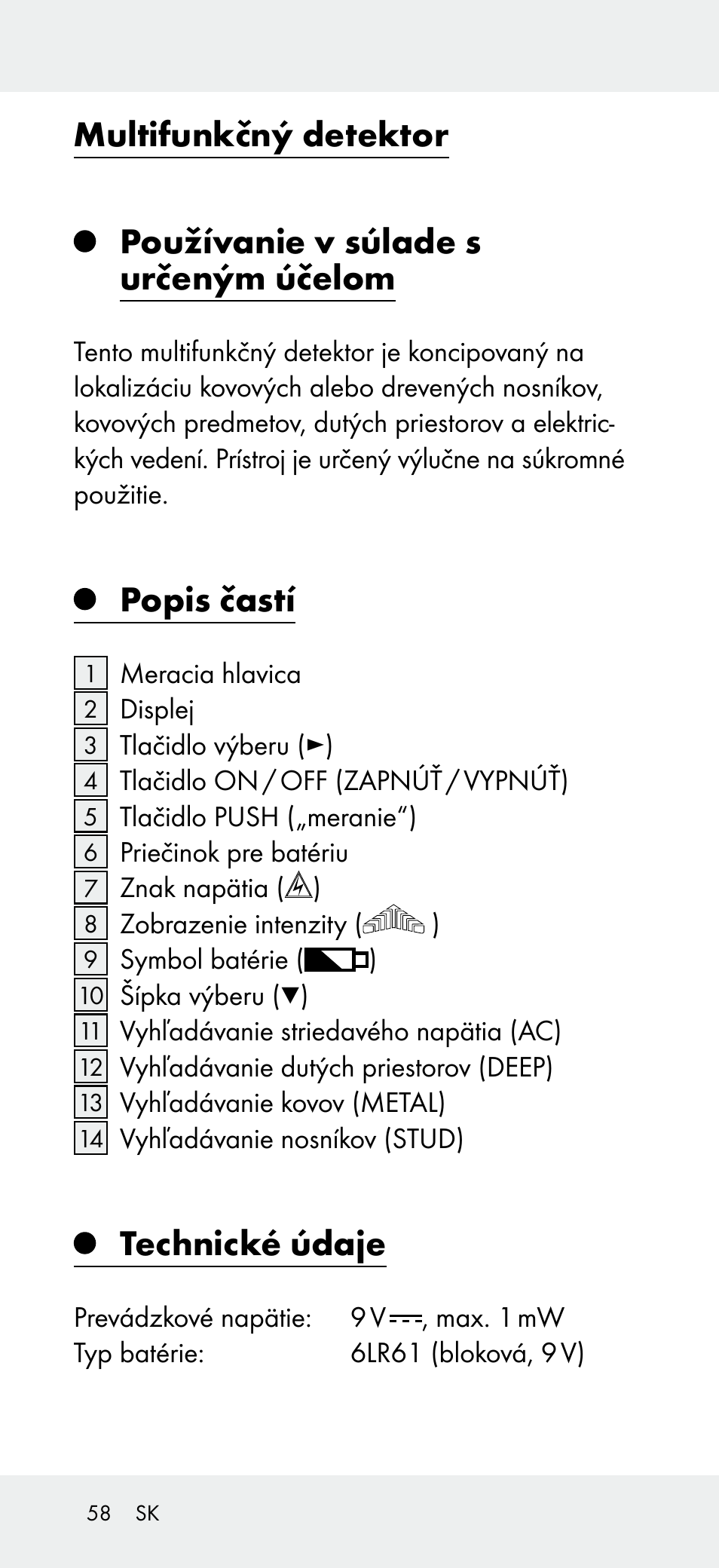 Multifunkčný detektor, Používanie v súlade s určeným účelom, Popis častí | Technické údaje | Powerfix Z31697B User Manual | Page 58 / 77