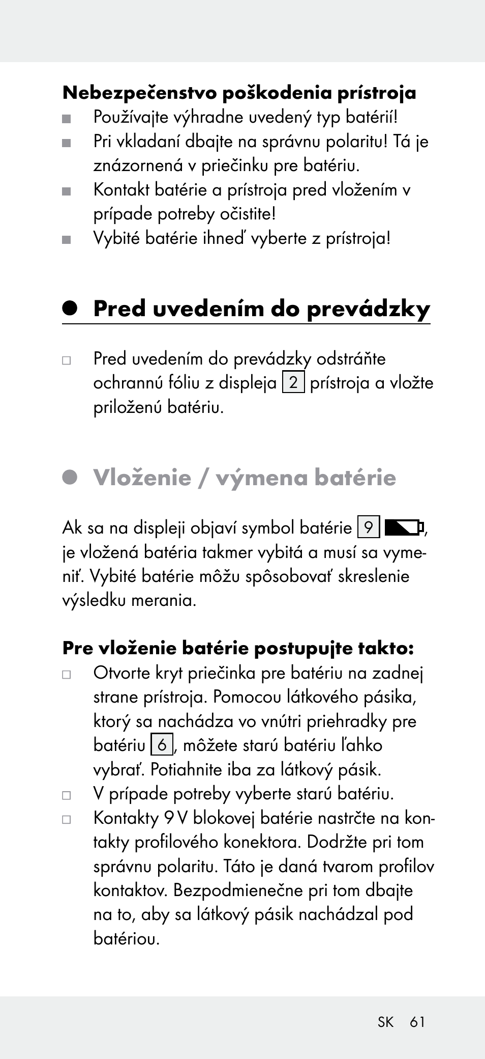 Pred uvedením do prevádzky, Vloženie / výmena batérie | Powerfix Z31697B User Manual | Page 61 / 77