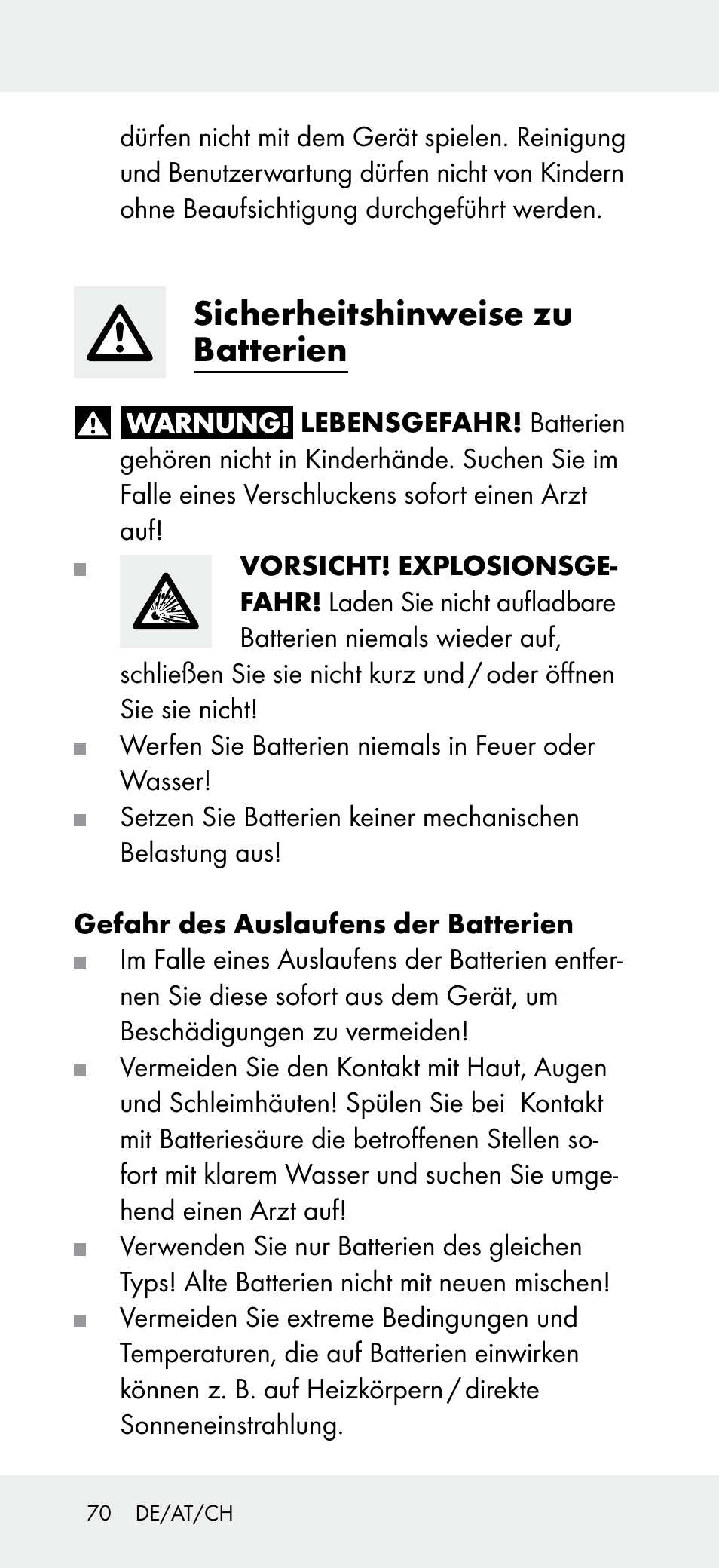 Sicherheitshinweise zu batterien | Powerfix Z31697B User Manual | Page 70 / 77