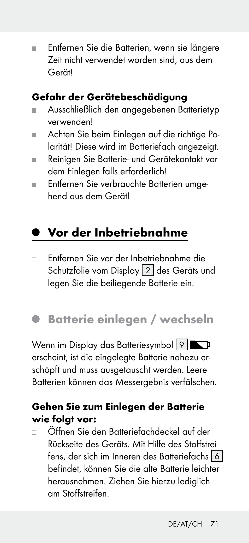 Vor der inbetriebnahme, Batterie einlegen / wechseln | Powerfix Z31697B User Manual | Page 71 / 77