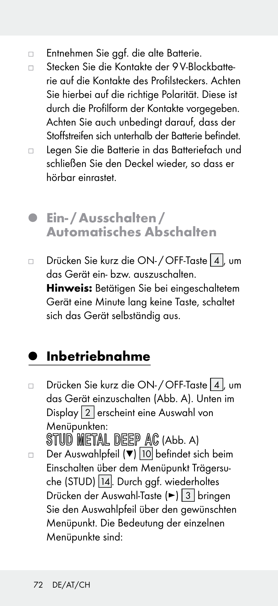 Ein- / ausschalten / automatisches abschalten, Inbetriebnahme | Powerfix Z31697B User Manual | Page 72 / 77