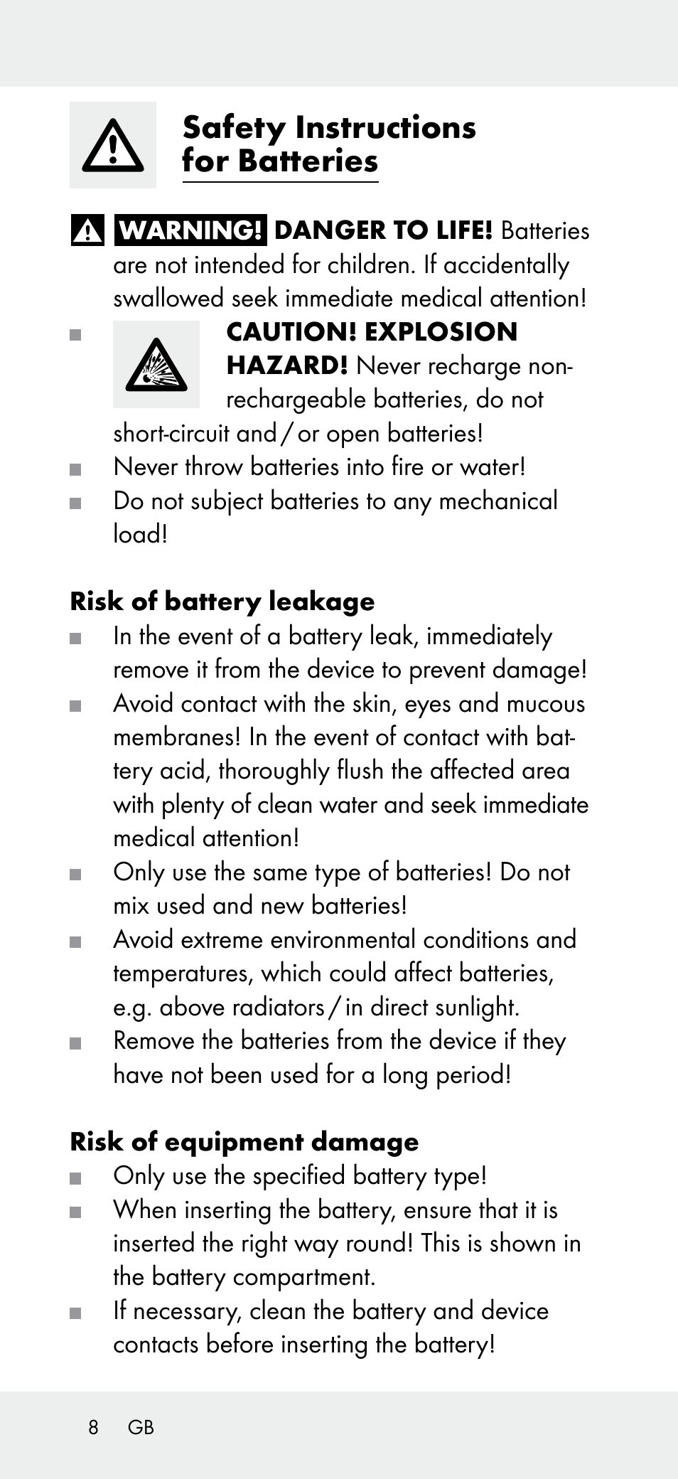 Safety instructions for batteries | Powerfix Z31697B User Manual | Page 8 / 77