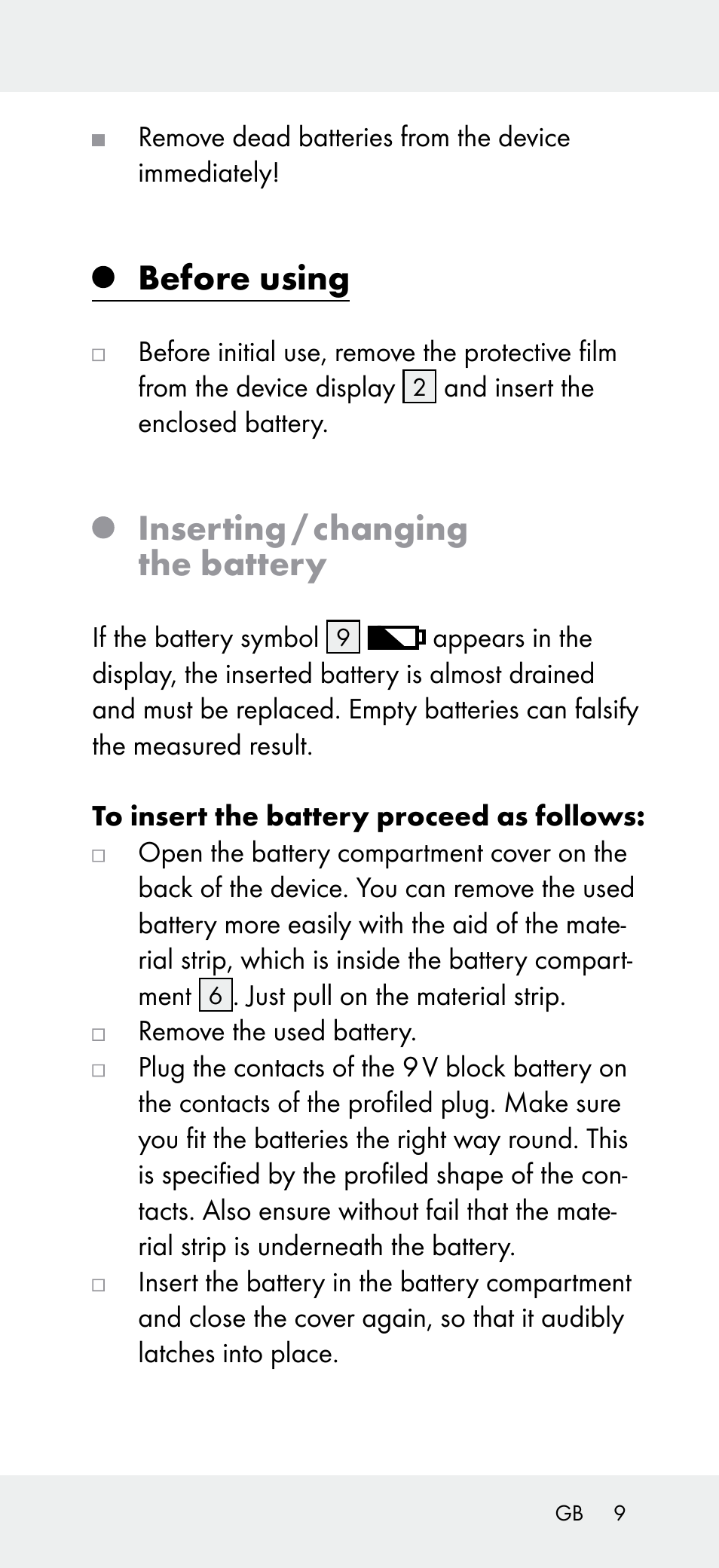 Before using, Inserting / changing the battery | Powerfix Z31697B User Manual | Page 9 / 77