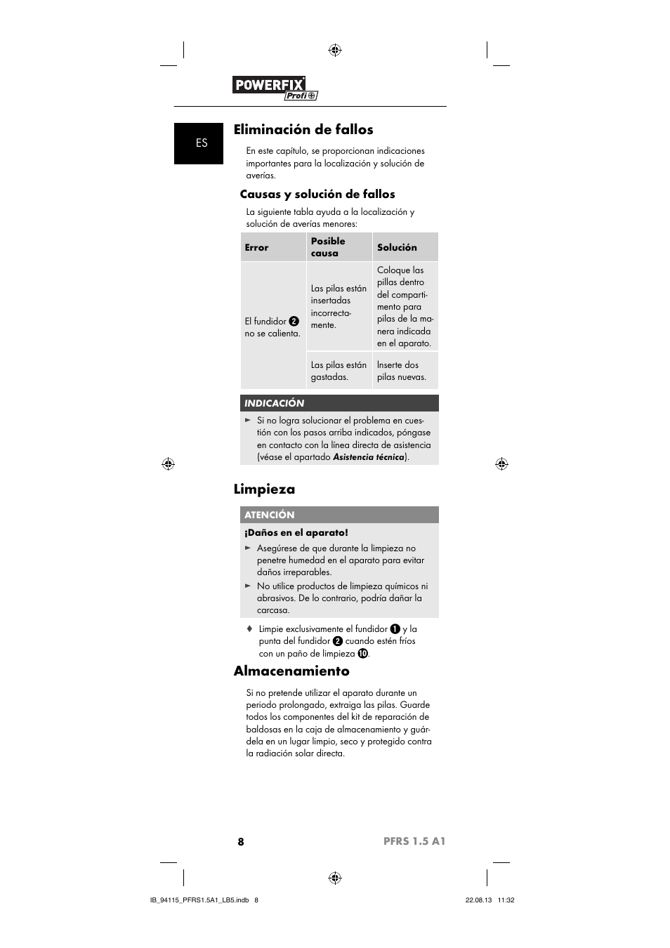 Eliminación de fallos, Limpieza, Almacenamiento | Causas y solución de fallos | Powerfix PFRS 1.5 A1 User Manual | Page 11 / 44