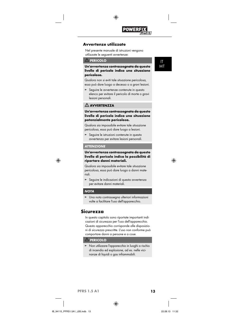 Sicurezza, It mt avvertenze utilizzate | Powerfix PFRS 1.5 A1 User Manual | Page 16 / 44