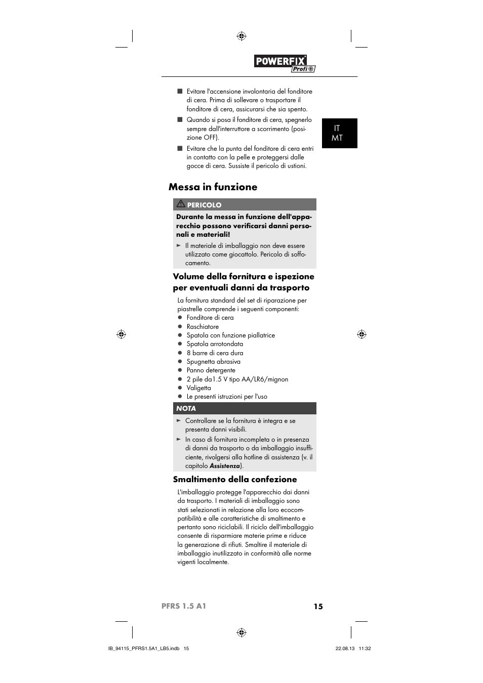 Messa in funzione, It mt, Smaltimento della confezione | Powerfix PFRS 1.5 A1 User Manual | Page 18 / 44