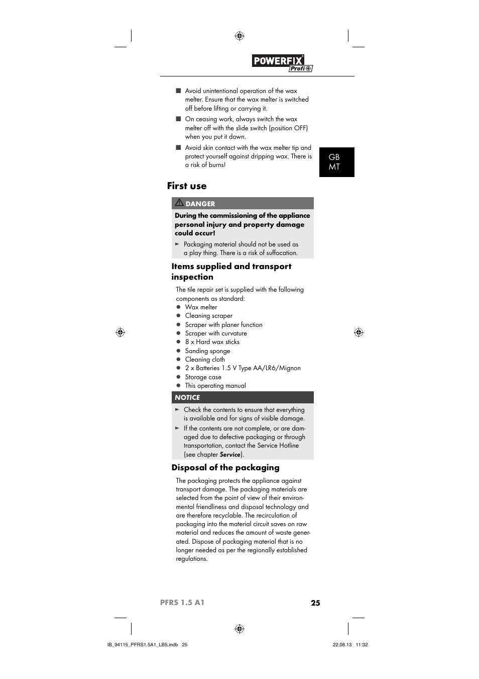 First use, Gb mt, Items supplied and transport inspection | Disposal of the packaging | Powerfix PFRS 1.5 A1 User Manual | Page 28 / 44