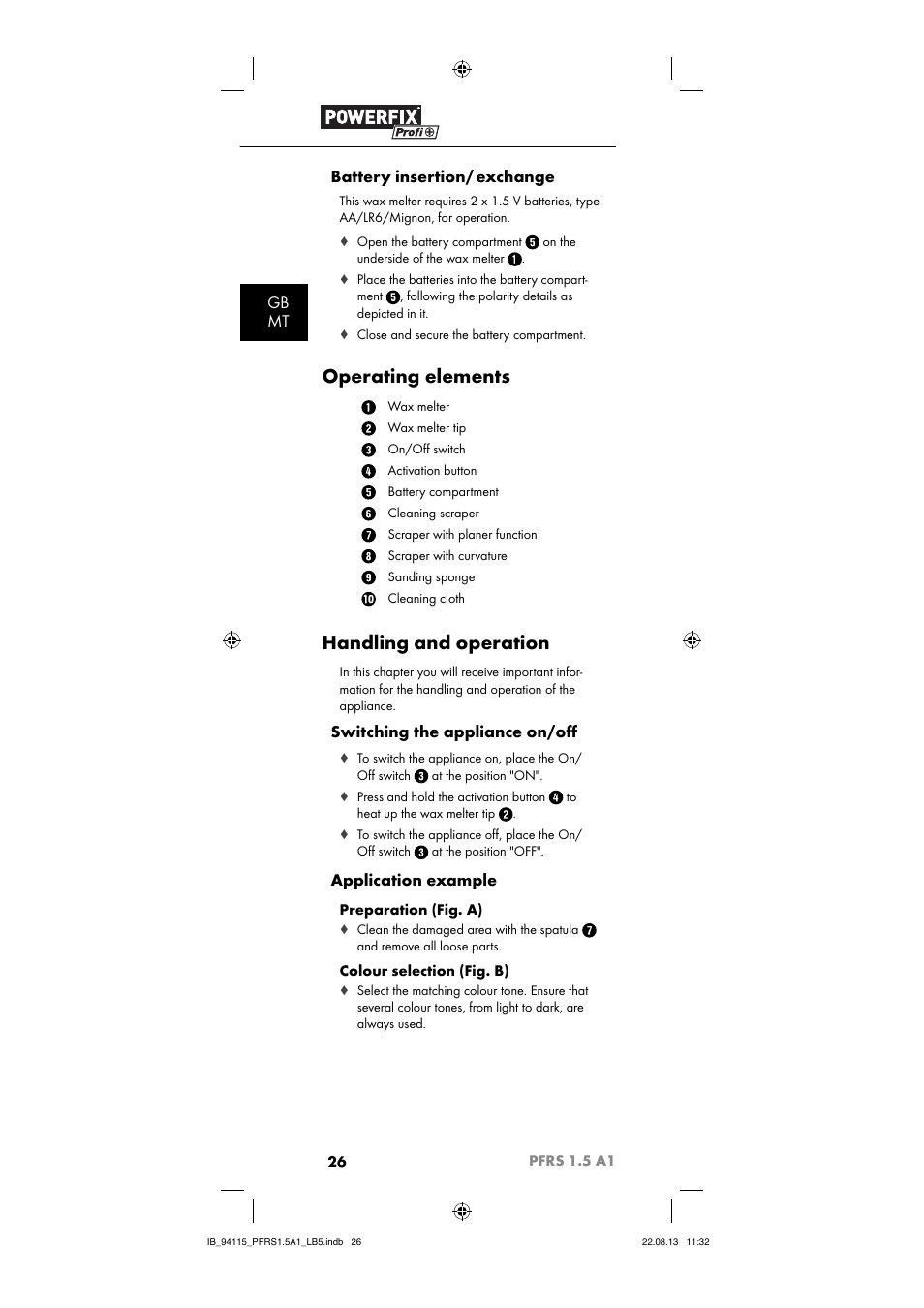 Operating elements, Handling and operation, Gb mt battery insertion/ exchange | Switching the appliance on/oﬀ, Application example | Powerfix PFRS 1.5 A1 User Manual | Page 29 / 44