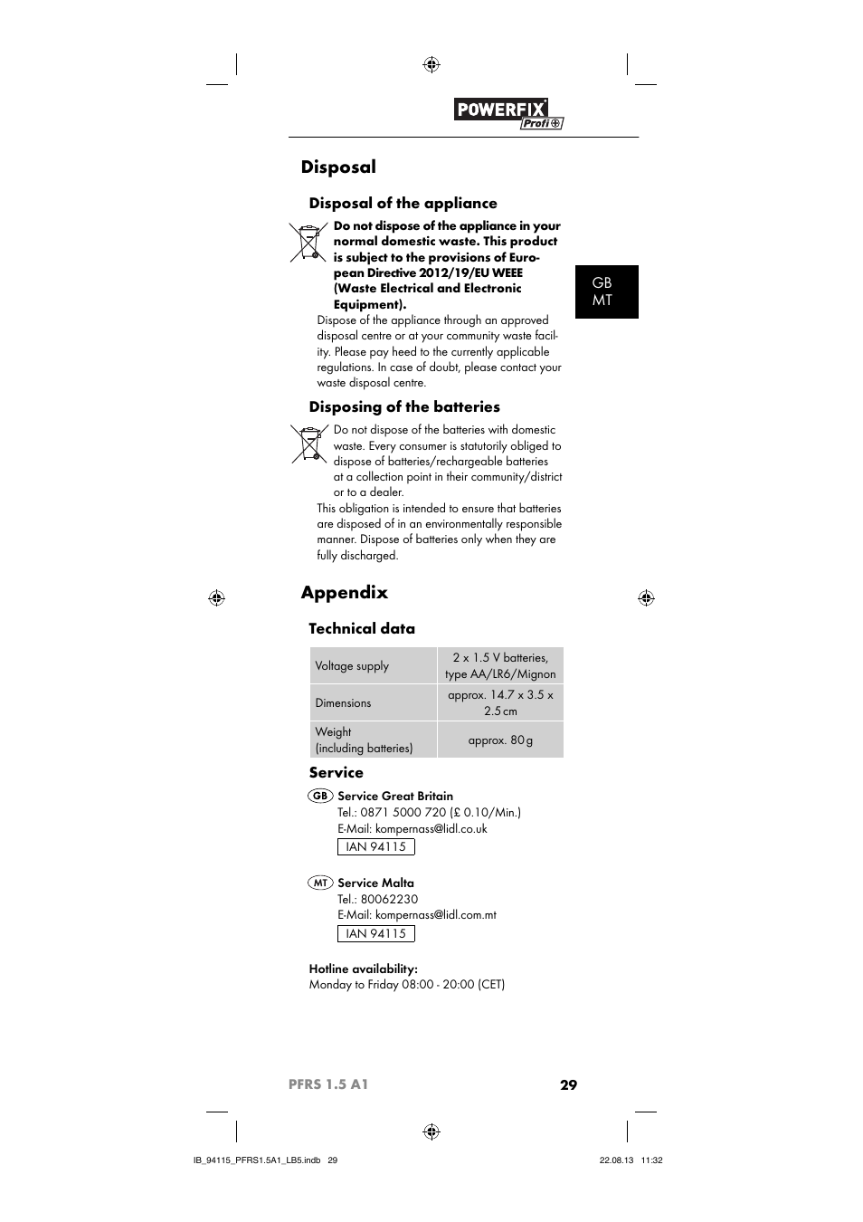 Disposal, Appendix, Gb mt | Disposal of the appliance, Disposing of the batteries, Technical data, Service | Powerfix PFRS 1.5 A1 User Manual | Page 32 / 44