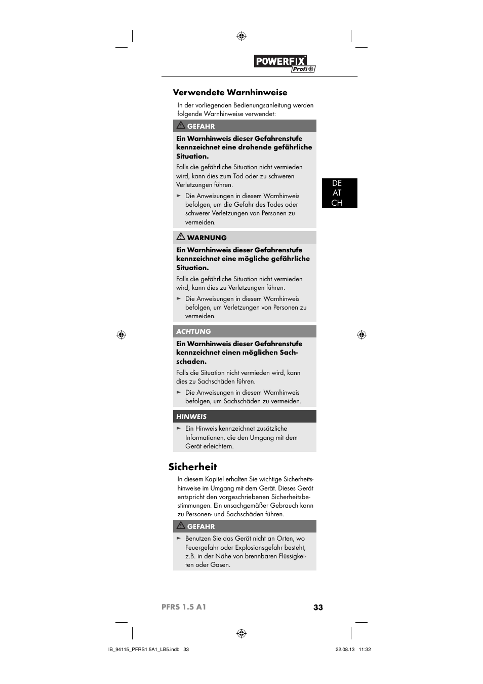 Sicherheit, De at ch verwendete warnhinweise | Powerfix PFRS 1.5 A1 User Manual | Page 36 / 44