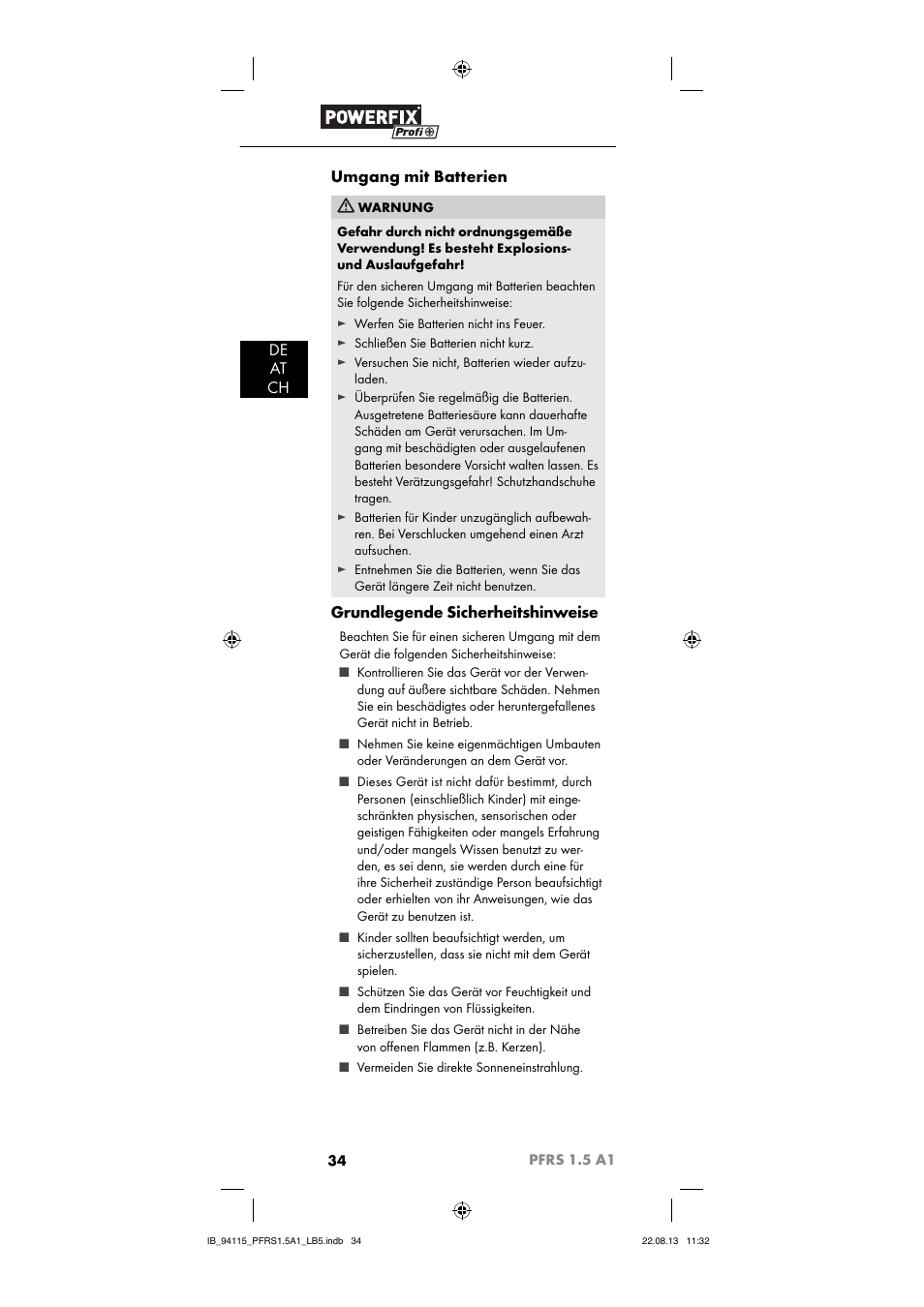 De at ch umgang mit batterien, Grundlegende sicherheitshinweise | Powerfix PFRS 1.5 A1 User Manual | Page 37 / 44