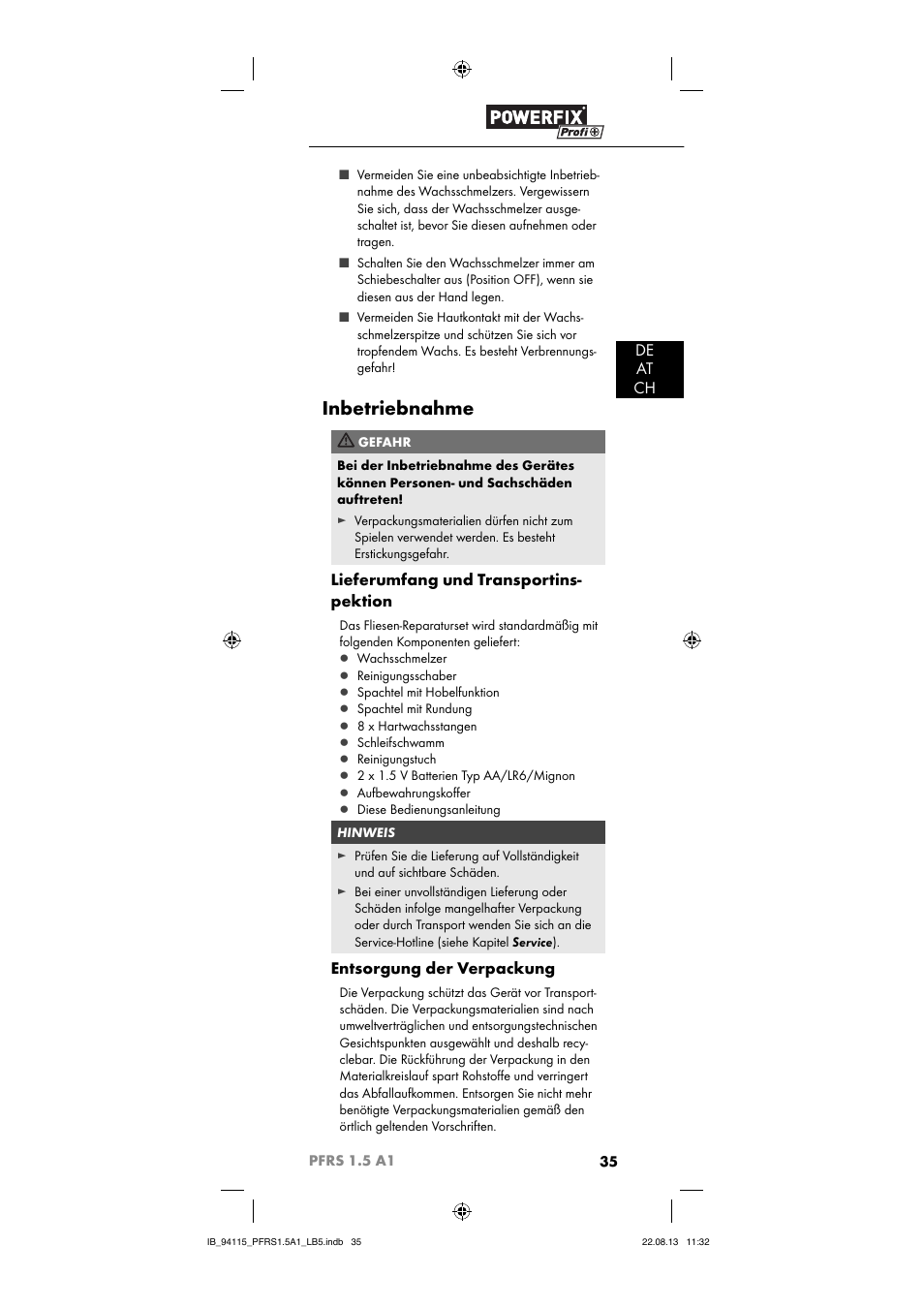 Inbetriebnahme, De at ch, Lieferumfang und transportins- pektion | Entsorgung der verpackung | Powerfix PFRS 1.5 A1 User Manual | Page 38 / 44