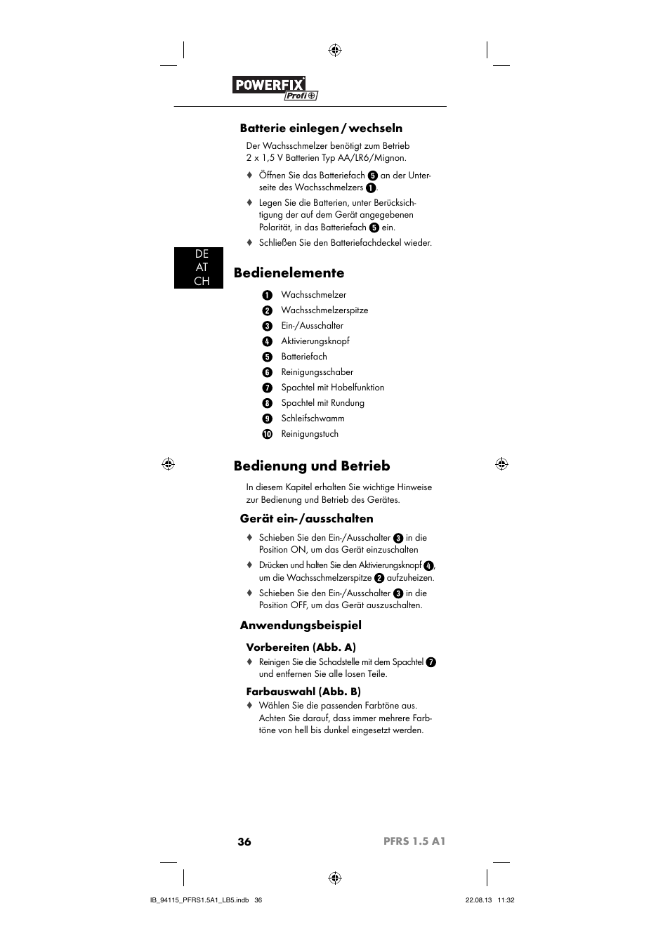 Bedienelemente, Bedienung und betrieb, De at ch batterie einlegen / wechseln | Gerät ein- /ausschalten, Anwendungsbeispiel | Powerfix PFRS 1.5 A1 User Manual | Page 39 / 44