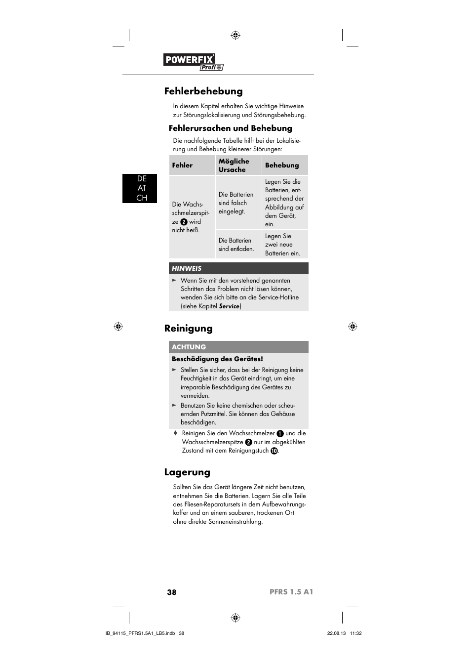 Fehlerbehebung, Reinigung, Lagerung | De at ch, Fehlerursachen und behebung | Powerfix PFRS 1.5 A1 User Manual | Page 41 / 44