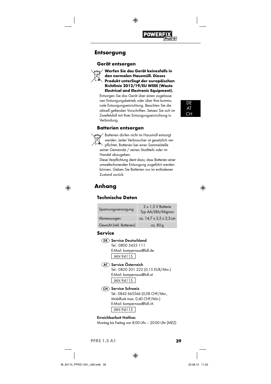 Entsorgung, Anhang, De at ch | Gerät entsorgen, Batterien entsorgen, Technische daten, Service | Powerfix PFRS 1.5 A1 User Manual | Page 42 / 44