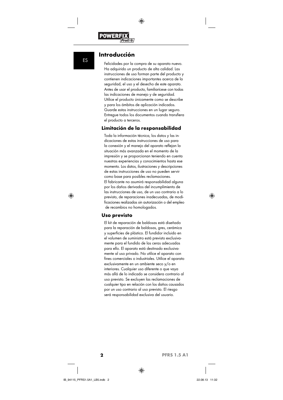 Introducción, Limitación de la responsabilidad, Uso previsto | Powerfix PFRS 1.5 A1 User Manual | Page 5 / 44