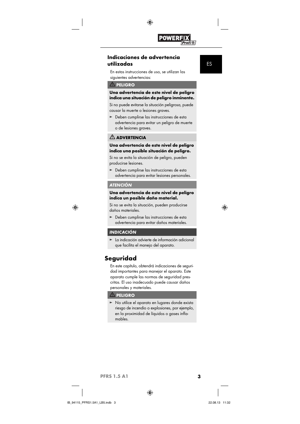 Seguridad, Es indicaciones de advertencia utilizadas | Powerfix PFRS 1.5 A1 User Manual | Page 6 / 44