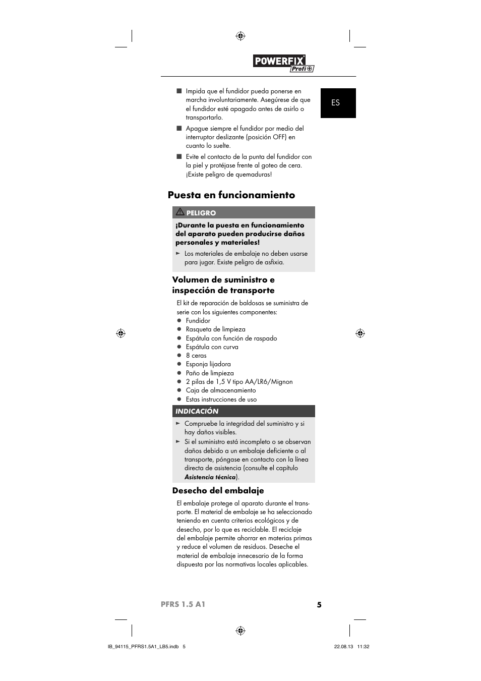 Puesta en funcionamiento, Volumen de suministro e inspección de transporte, Desecho del embalaje | Powerfix PFRS 1.5 A1 User Manual | Page 8 / 44