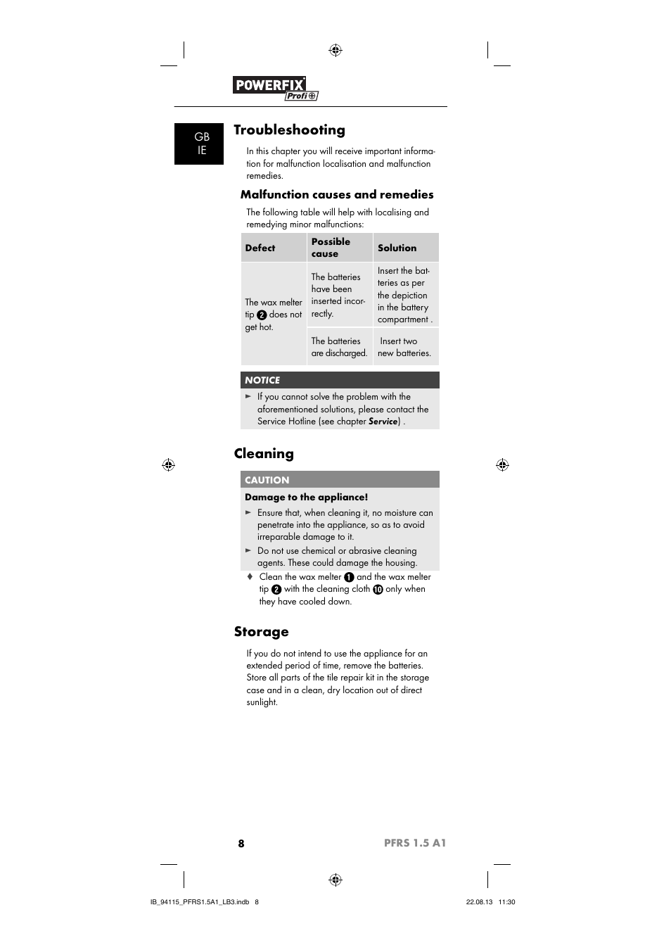 Troubleshooting, Cleaning, Storage | Gb ie, Malfunction causes and remedies | Powerfix PFRS 1.5 A1 User Manual | Page 11 / 74