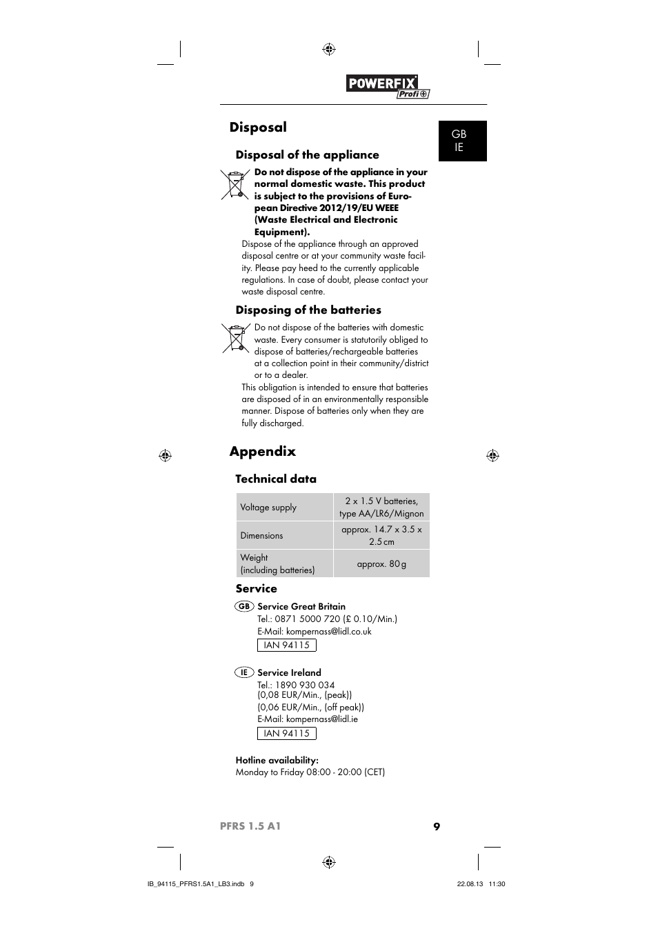 Disposal, Appendix, Gb ie | Disposal of the appliance, Disposing of the batteries, Technical data, Service | Powerfix PFRS 1.5 A1 User Manual | Page 12 / 74