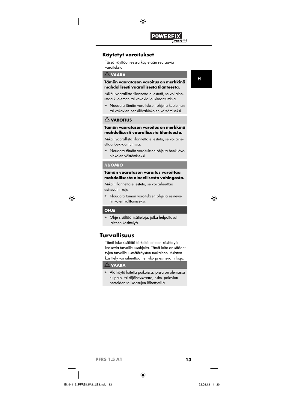 Turvallisuus, Fi käytetyt varoitukset | Powerfix PFRS 1.5 A1 User Manual | Page 16 / 74