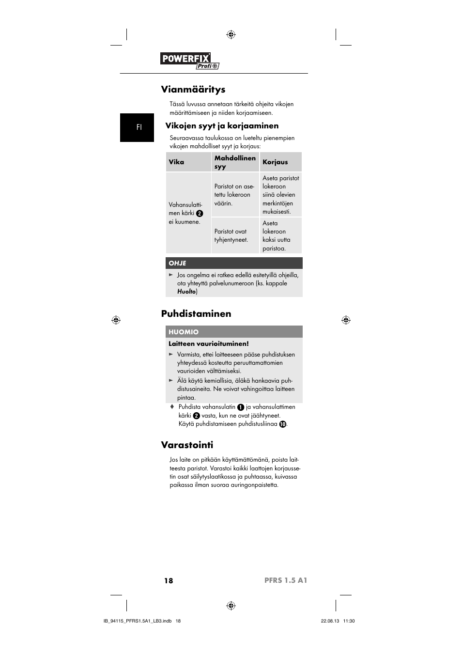 Vianmääritys, Puhdistaminen, Varastointi | Vikojen syyt ja korjaaminen | Powerfix PFRS 1.5 A1 User Manual | Page 21 / 74