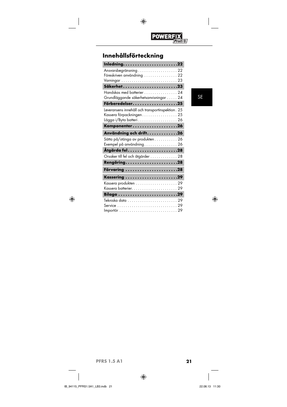 Innehållsförteckning | Powerfix PFRS 1.5 A1 User Manual | Page 24 / 74