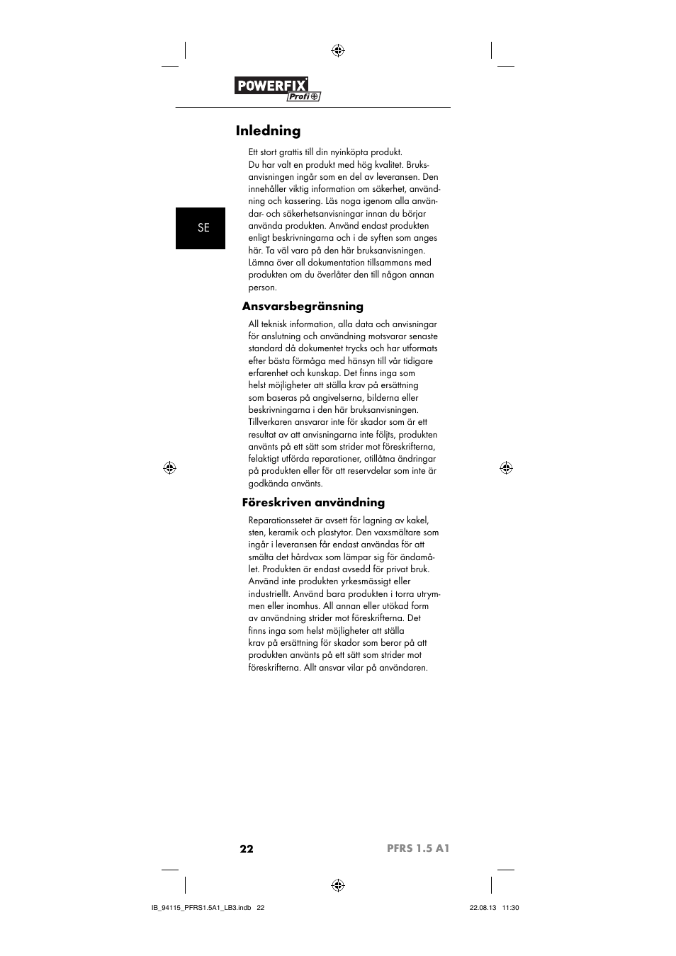 Inledning, Ansvarsbegränsning, Föreskriven användning | Powerfix PFRS 1.5 A1 User Manual | Page 25 / 74